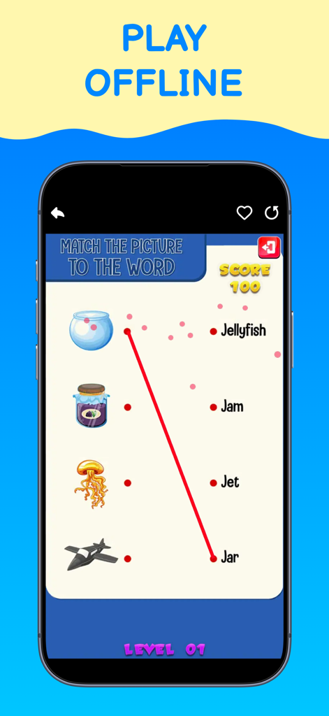 Educational matching picture to word activity for children in an offline game