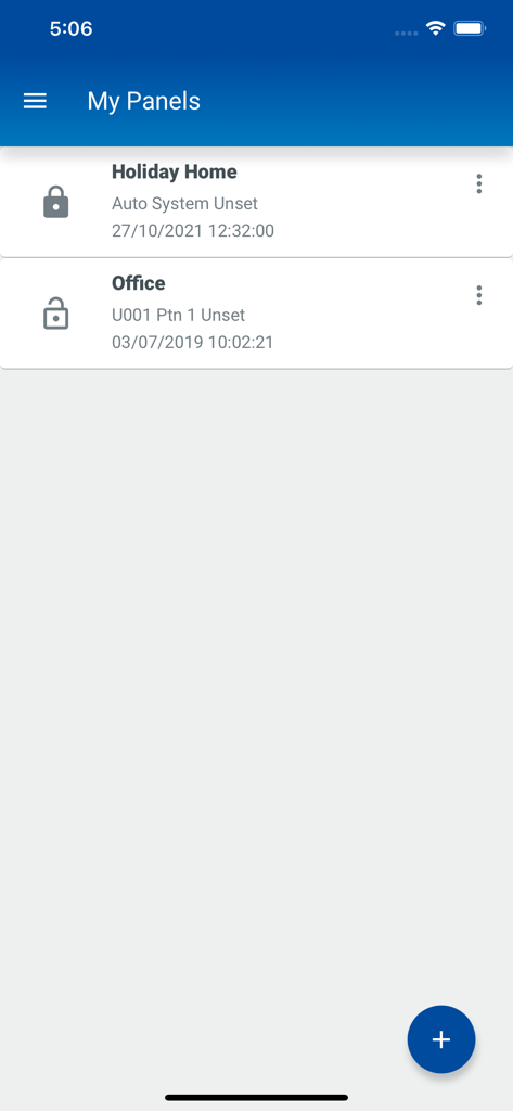 Eaton SecureConnect - Eaton SecureConnect mobile app dashboard showing security status for multiple locations including home and office