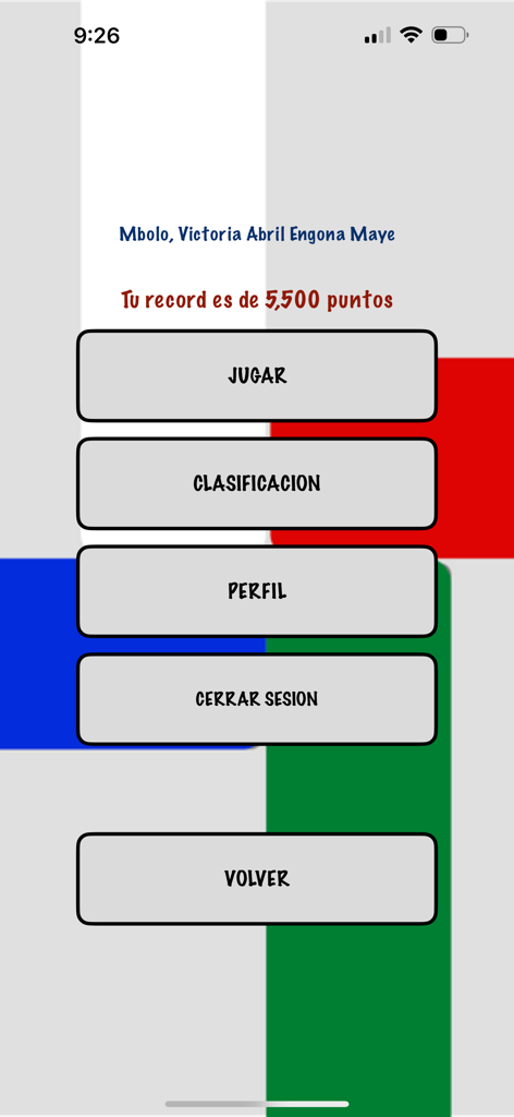 Guinealogia - Pantalla principal de la aplicación de trivia Guinealogia que muestra botones para Jugar, Ranking y Perfil en español.