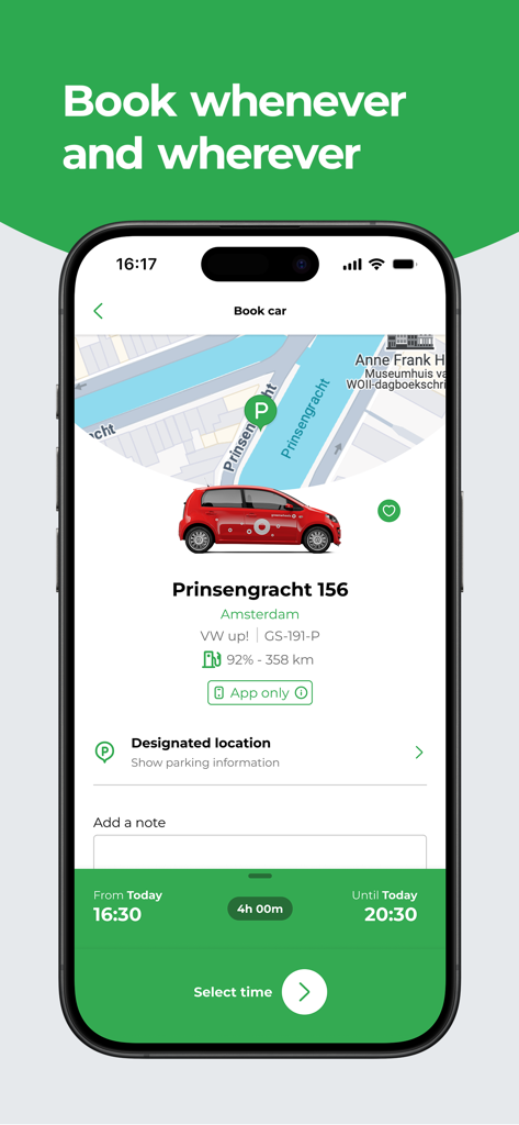 Greenwheels - Car sharing - Greenwheels app interface showing a booking for a red shared car at Prinsengracht Amsterdam with fuel levels and rental time details.