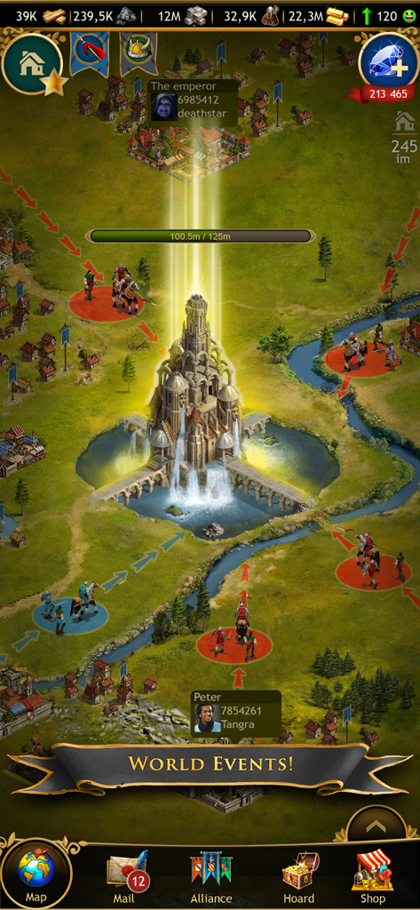 Um mapa mundial medieval em Imperia Online mostrando um castelo central, movimentos de tropas com setas táticas e eventos mundiais ativos.