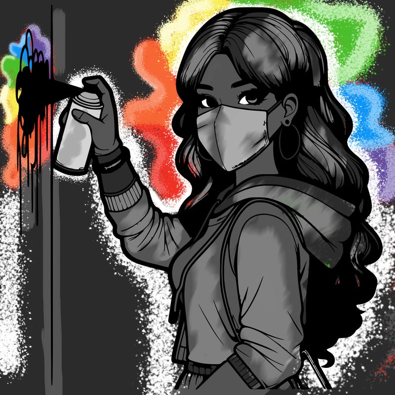 realistic girl with mask spray painting a wall