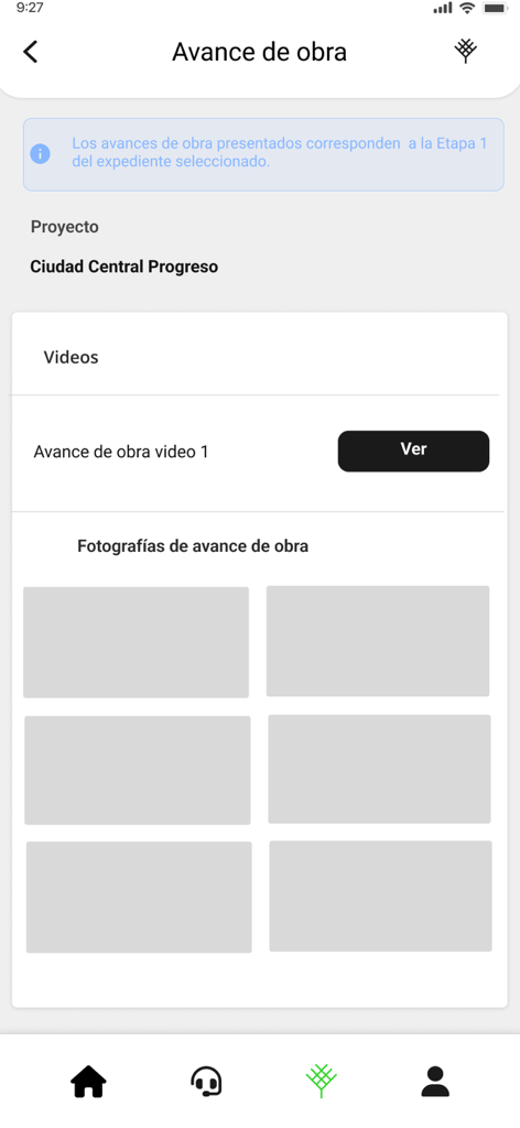 Orve - Pantalla de la aplicación Orve que muestra el progreso de la construcción del proyecto inmobiliario Ciudad Central Progreso