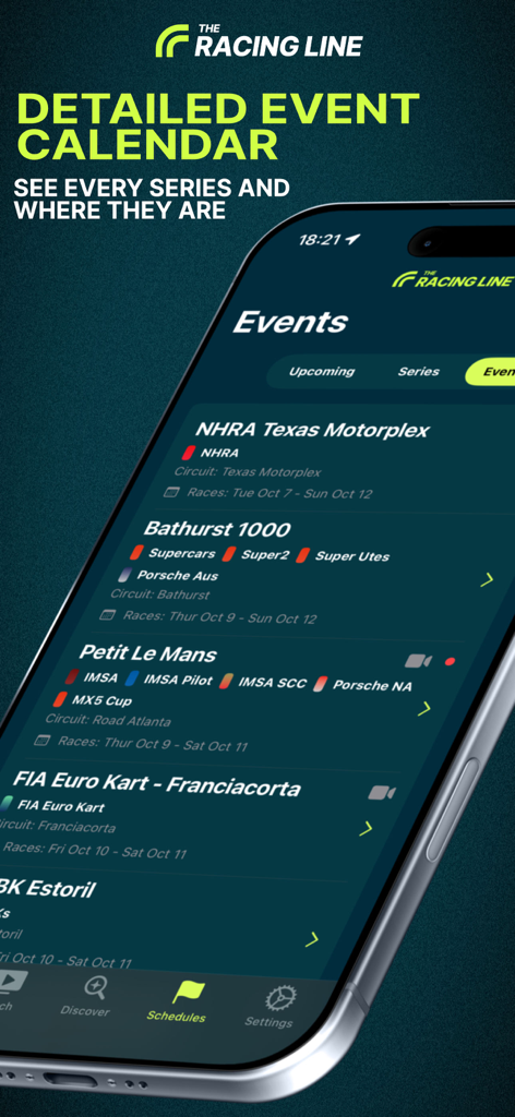 TheRacingLine: Racing Live TV - Detailed motorsport event calendar in TheRacingLine app displaying schedules for various international racing series.