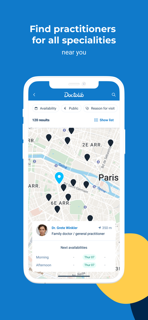 Doctolib - Your health partner - A map view in the Doctolib app showing nearby healthcare practitioners and their appointment availability.
