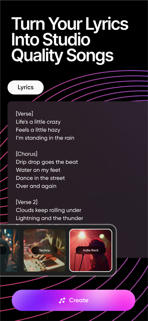 Pantalla de la aplicación Music Studio que muestra cómo convertir letras en canciones con IA