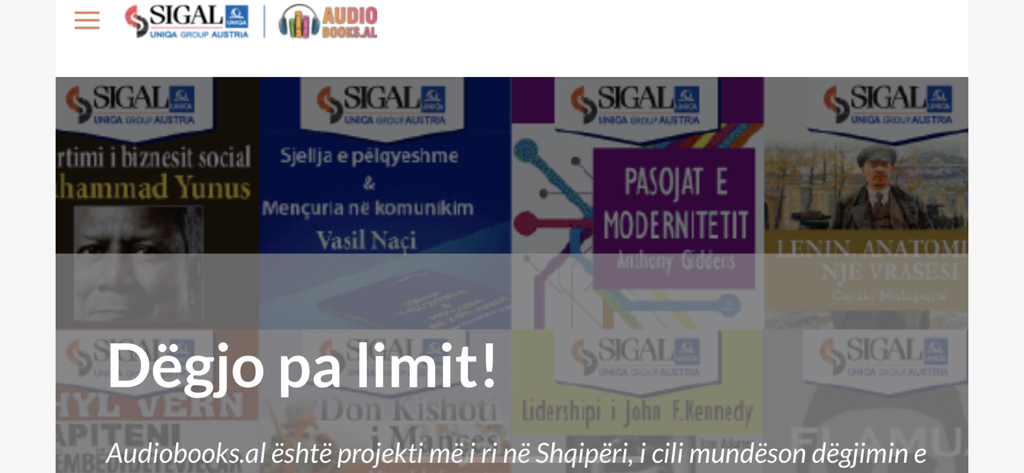 Kopfzeile der Sigal Hörbücher App mit einem Raster albanischer Buchcover und dem Slogan Degjo pa limit.