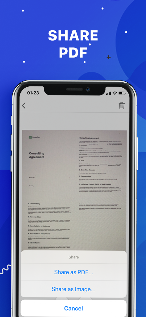 Interfaz de la aplicación Scanner plus que muestra opciones para compartir un documento escaneado como PDF o imagen