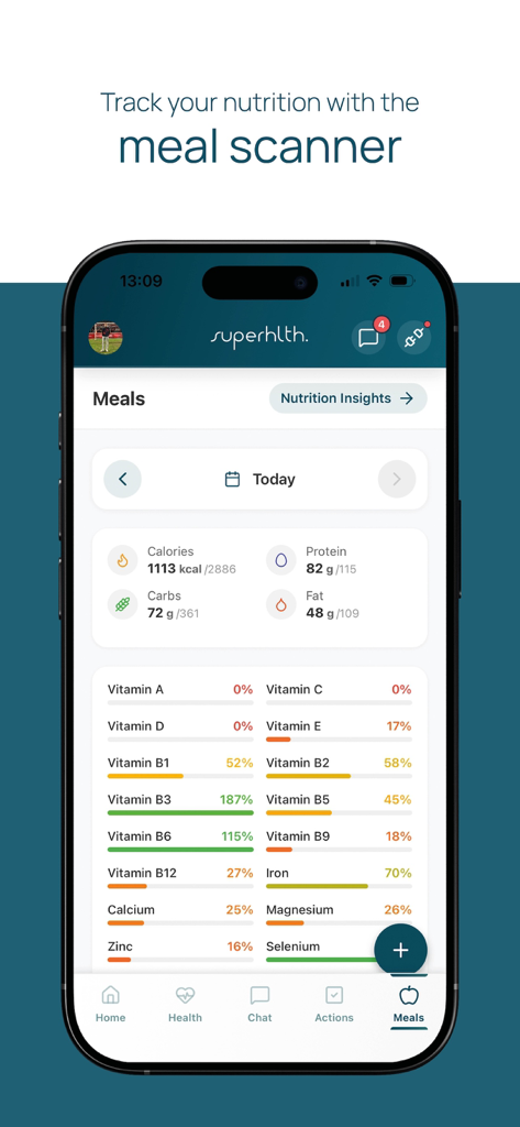 Superhlthアプリの栄養追跡インターフェース。毎日のカロリー、マクロ栄養素、詳細なビタミンプロファイルを表示。