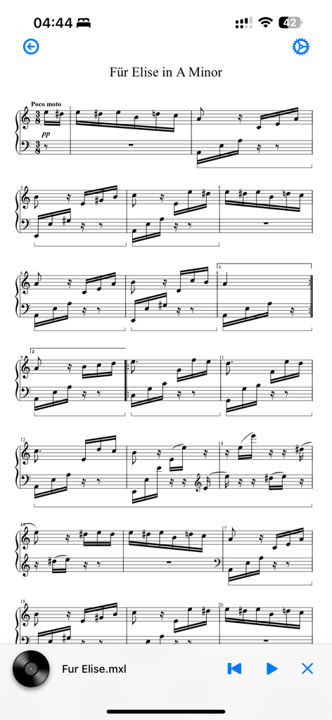 SheetViewer:Staff(Music)Reader - A piano score for Fur Elise in A Minor displayed within the SheetViewer music reader app