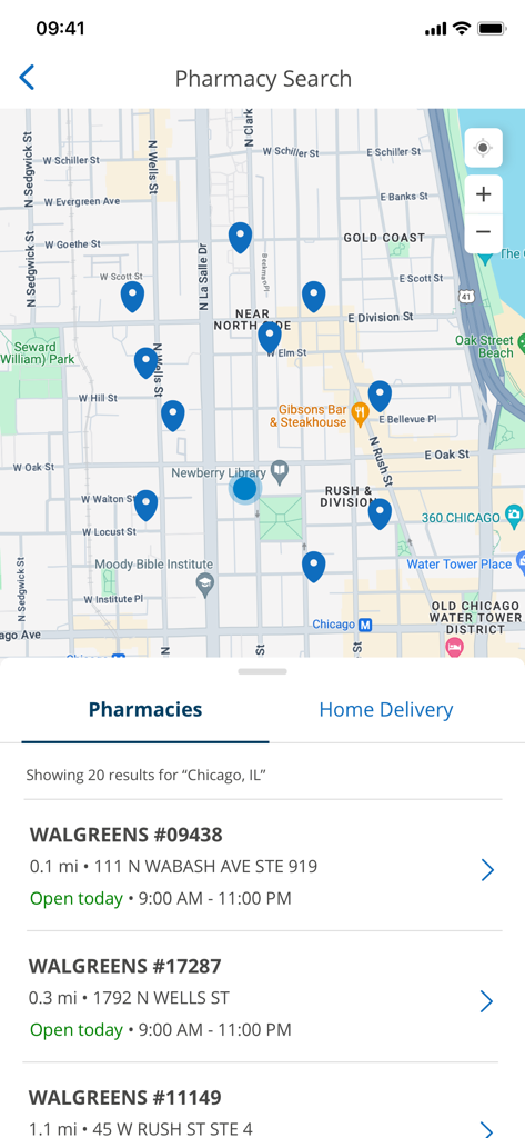 Pharmacy search screen in the BCBSIL app showing a map and list of nearby pharmacies in Chicago.