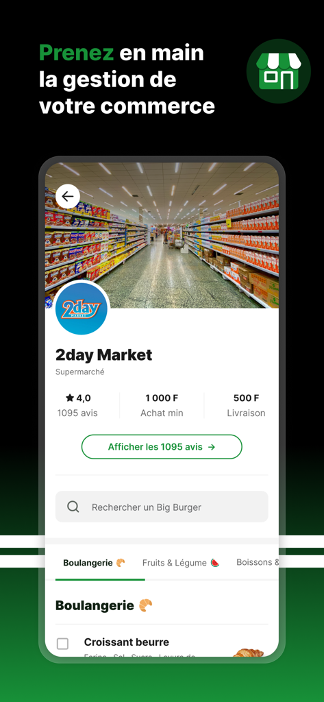 Gozem Marchand - Gozem Marchand app interface showing a supermarket store profile with ratings and product categories