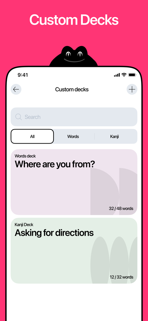 Kaeru: Learn Kanji Writing - Interface of the Kaeru app showing custom Japanese vocabulary and kanji study decks for organized learning.