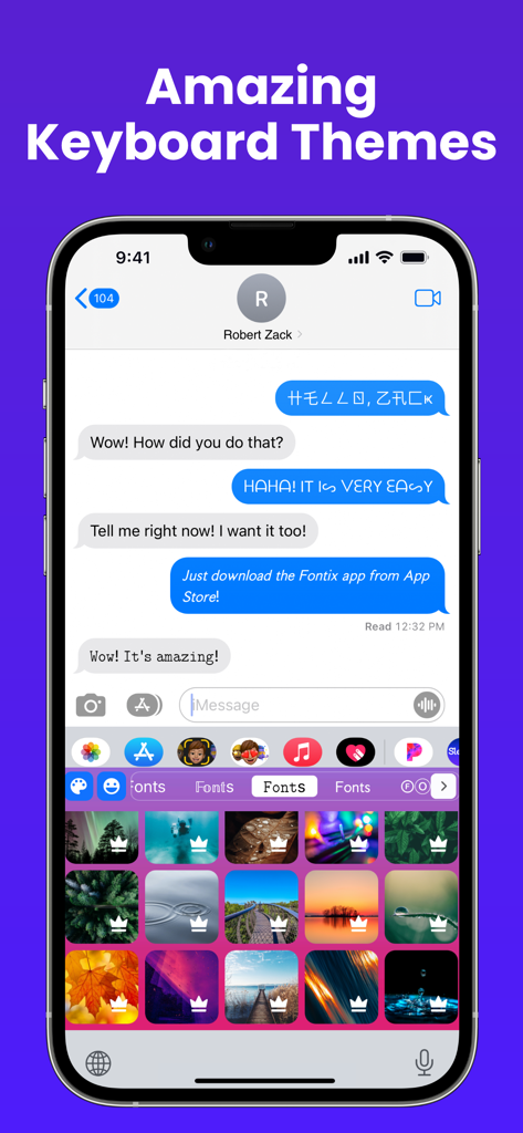 Fontix - Keyboard Fonts - A mobile screen showing various aesthetic keyboard themes and a text conversation using fancy fonts