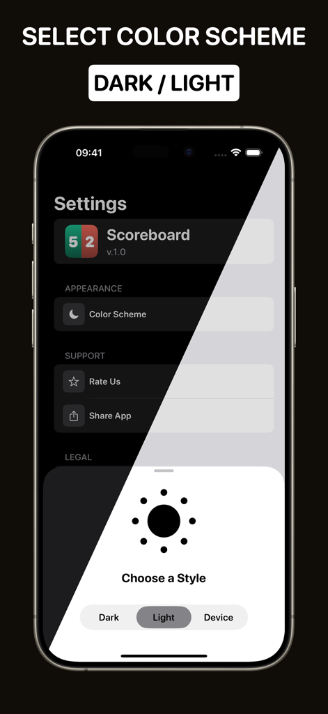 Scoreboard Points Score Keeper - Scoreboard app settings screen for selecting dark or light color themes.