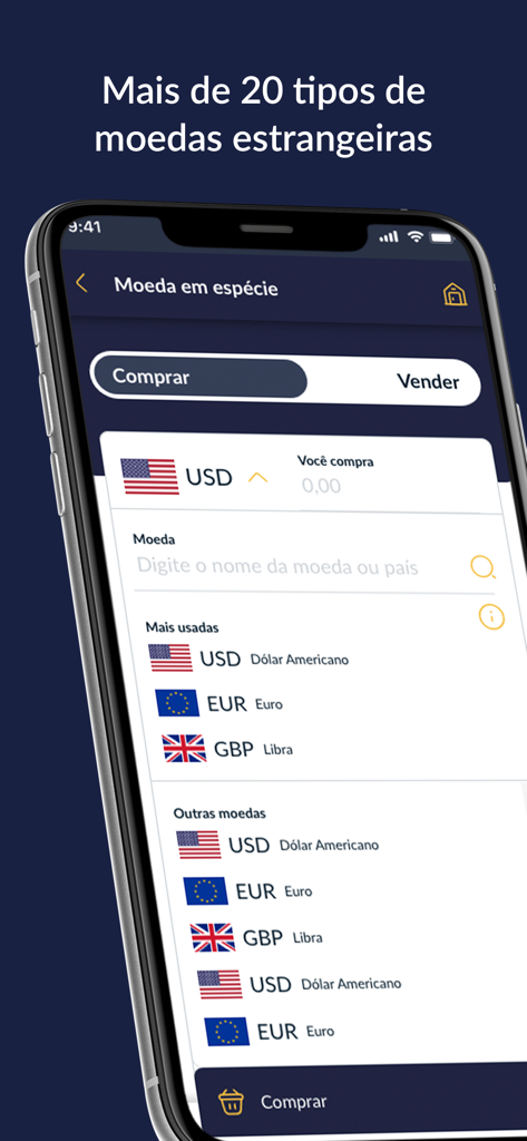 Confidence Câmbio - Interface de l'application Confidence Cambio montrant plus de 20 types de devises étrangères à échanger, y compris le USD et l'Euro.