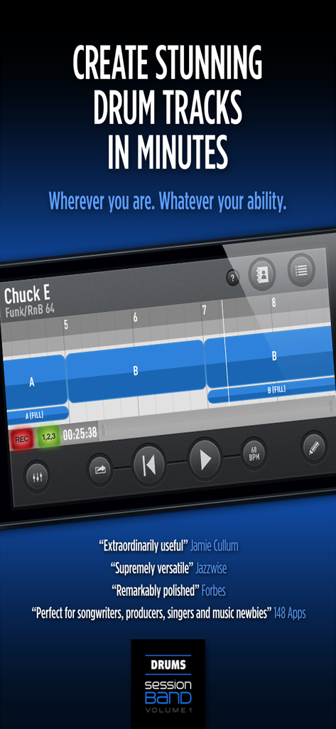 SessionBand Drums 1 - SessionBand Drums 1 app interface showing a drum track being built with various loop blocks on a timeline.