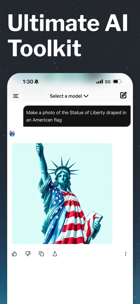 FreedomGPT - Interfaz de la aplicación móvil FreedomGPT que muestra una imagen generada de la Estatua de la Libertad envuelta en una bandera estadounidense