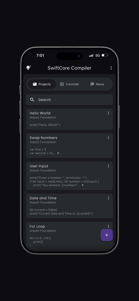SwiftCore ‎Compiler(Pro) - Pantalla de gestión de proyectos de la aplicación SwiftCore Compiler que muestra fragmentos de código Swift