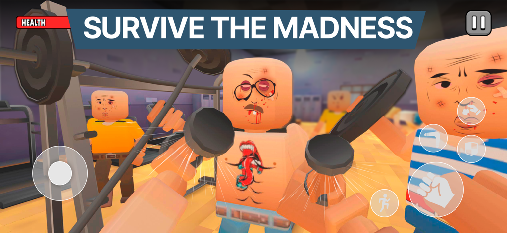 Gore Town Online Multiplayer - Personagens blocados com hematomas lutando em uma arena de academia.