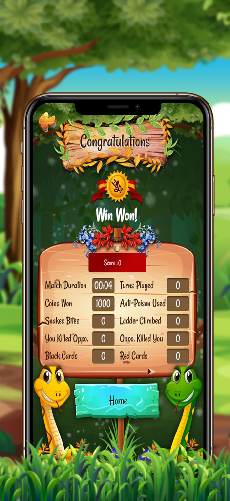 Victory screen showing game statistics and coins won in Snakes and Ladders Pro