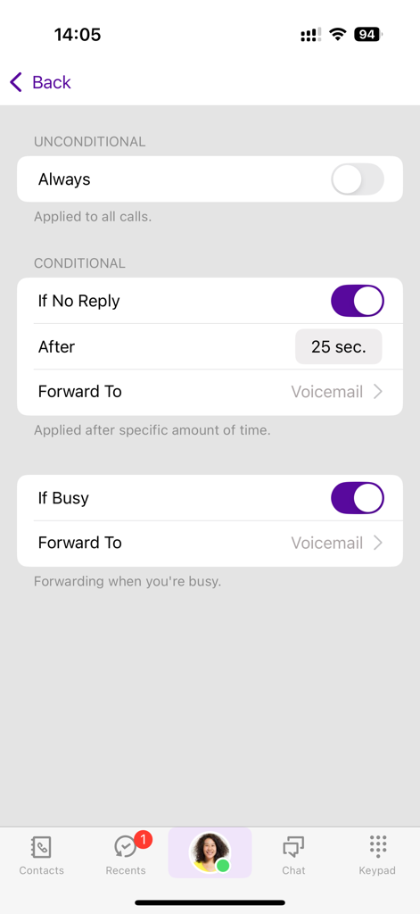 Anrufweiterleitungseinstellungen in der Swyx Mobile App
