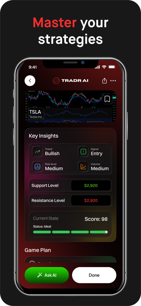 Tradr AI - Trading Bot - Tradr AI app interface showing bullish stock trends and market signals for Tesla