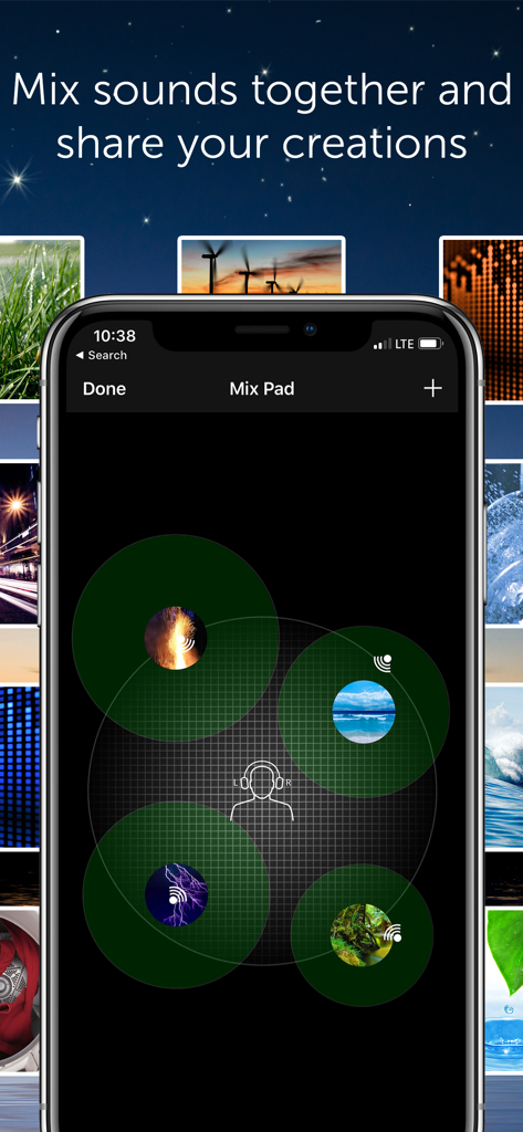 Interface of the Mix Pad feature in the White Noise Lite app for creating custom soundscapes.