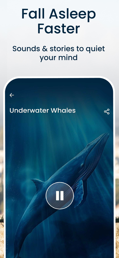 Begin: Meditation & Sleep - Screenshot of the Begin app sleep interface featuring an underwater whales soundscape with a pause button