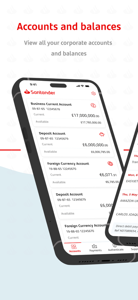 Santander Connect UK - Pantalla de la aplicación Santander Connect UK que muestra saldos de cuentas corporativas y cuentas corrientes de empresas