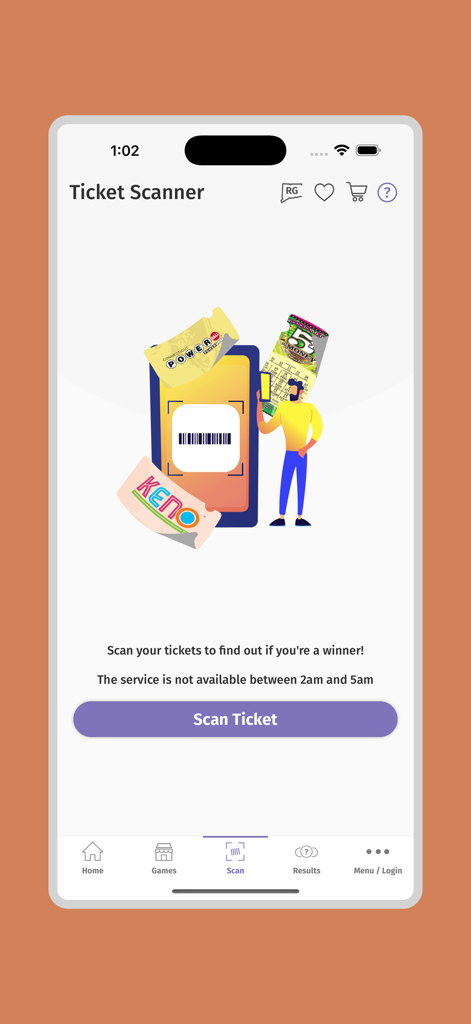 Official CT Lottery app ticket scanner interface for checking winning tickets