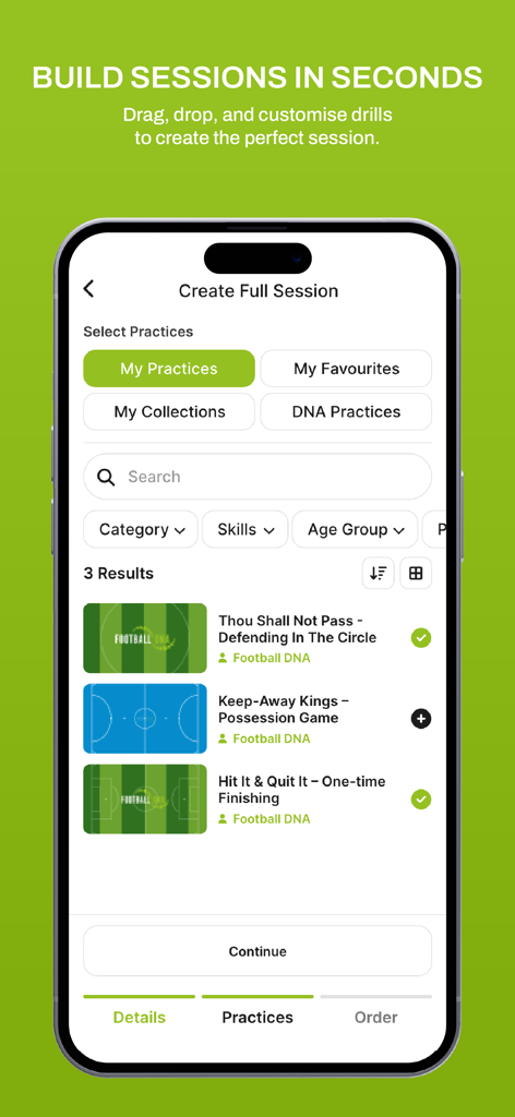 Football DNA - Interface of the Football DNA app showing the session builder tool for creating soccer training plans with custom drills
