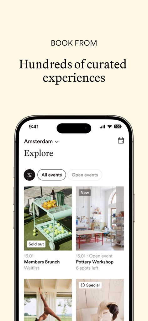 Les Amis: Connecting Women - Les Amisアプリのインターフェース。陶芸やブランチなど、女性のための厳選されたソーシャルイベントやワークショップが表示されています。