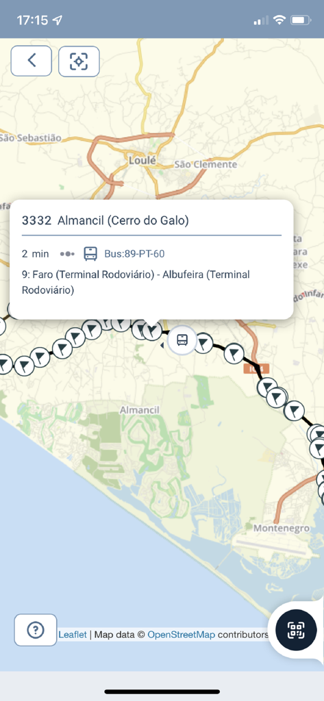 Map view in the Vamus Algarve app showing a bus stop in Almancil with real-time arrival information for the route between Faro and Albufeira