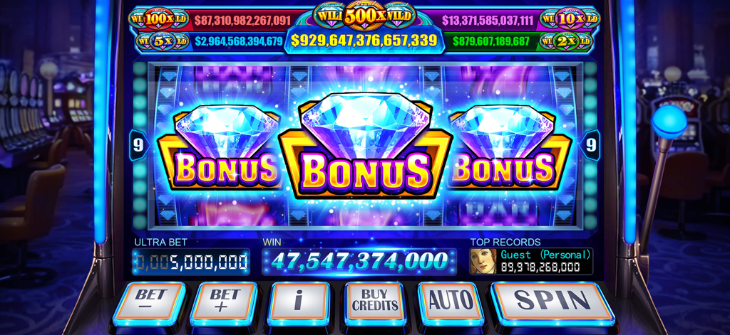 Classic slots casino game screen showing three diamond bonus symbols and a massive jackpot win