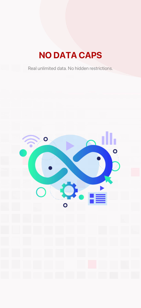 Pantalla de la aplicación 5UF VPN resaltando que no hay límites de datos y datos realmente ilimitados