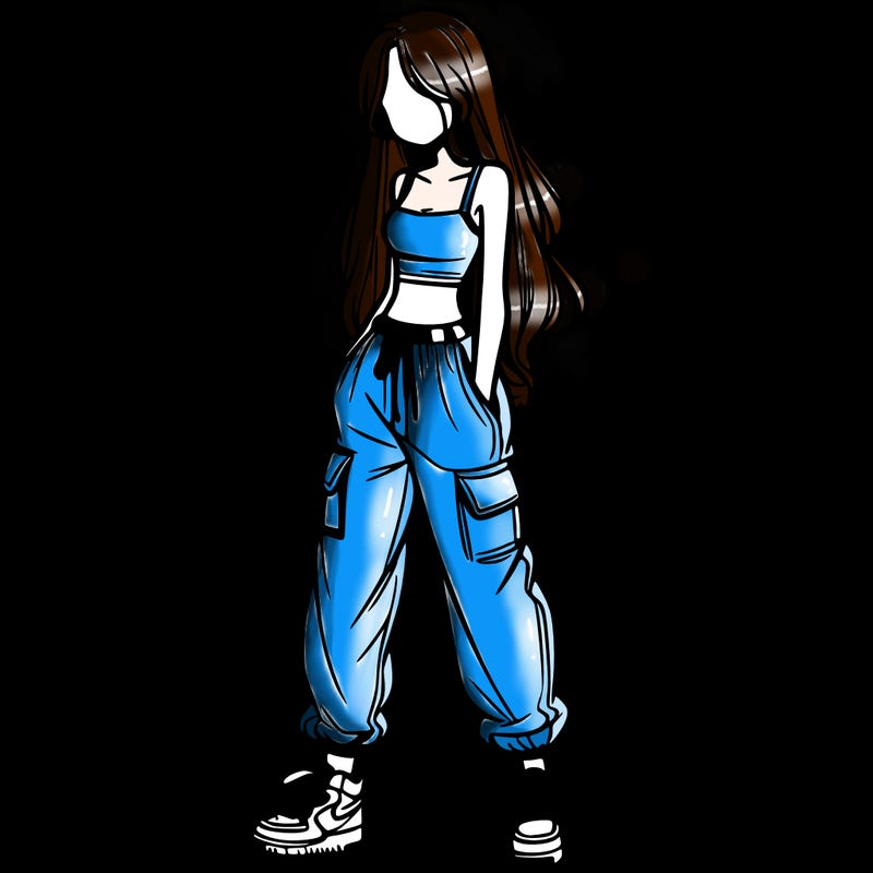 girl in baggy pants crop top and long hair
