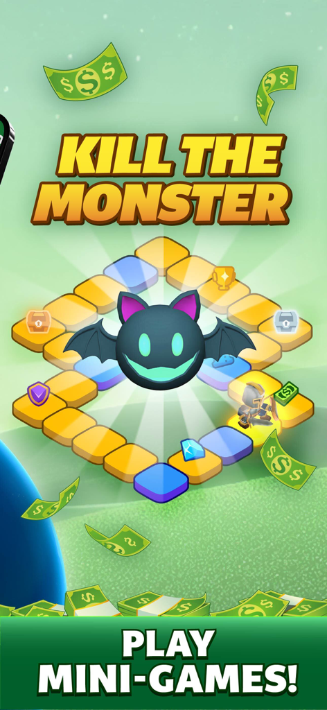 Solitaire - Win Cash - Tela de minijogo no Solitaire Win Cash mostrando um tabuleiro de jogo para matar um monstro e ganhar prêmios