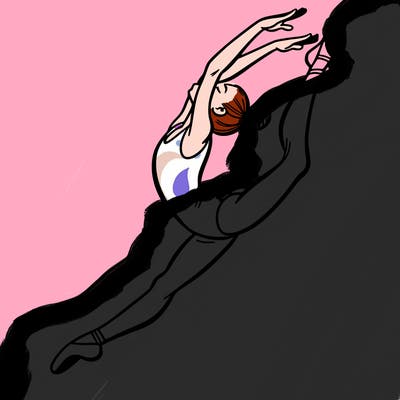 gymnast doing a leap in a leotard with a bent back leg