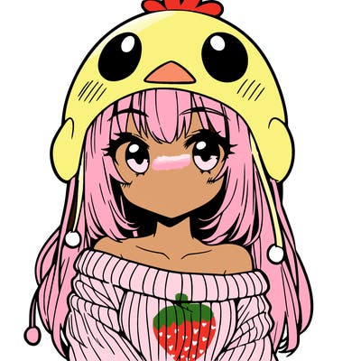 anime girl with chick shaped hat with sweater with bare shoulders with bangs covering them one eye with low tail
