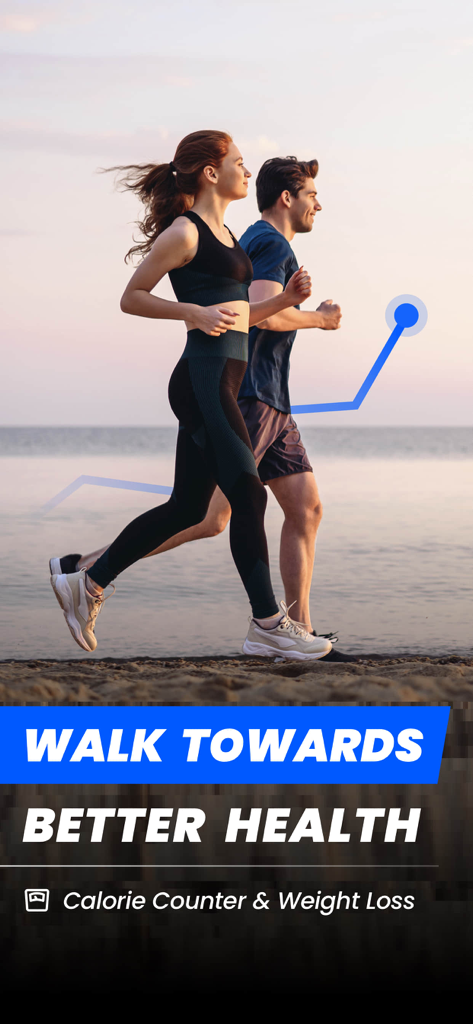 A couple walking on a beach at sunset with a blue fitness progress graph overlay and text encouraging better health through walking.