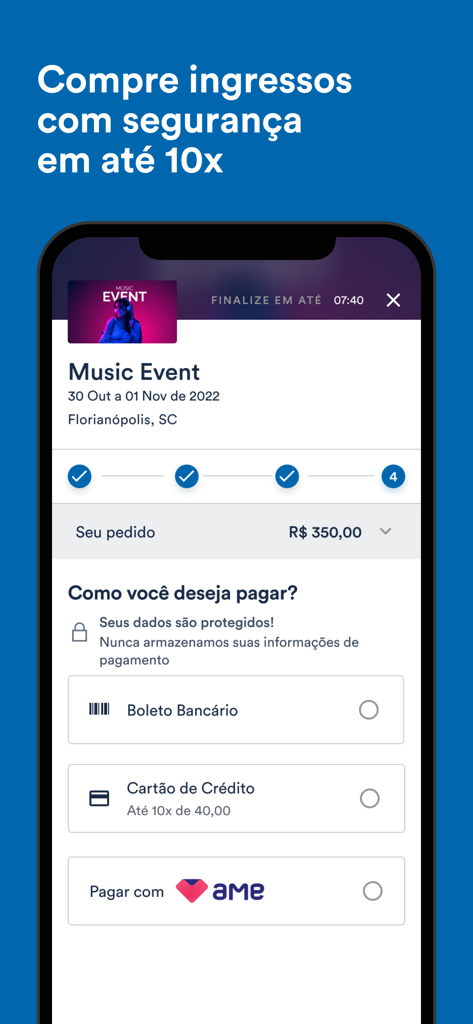 Mobile screen of the Blueticket app showing secure payment options for event tickets