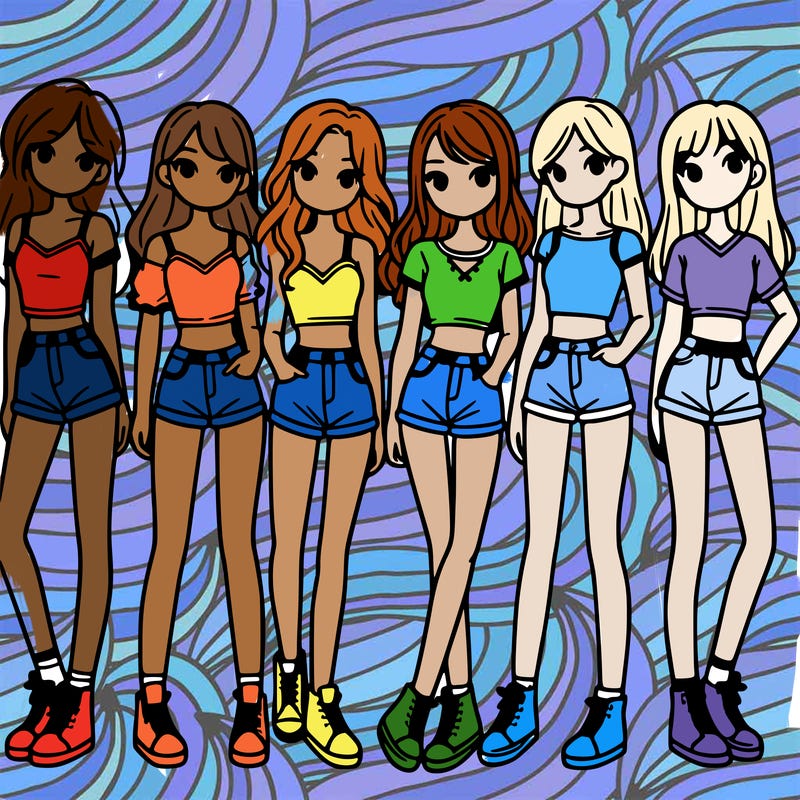 a group of girls wearing crop tops and shorts