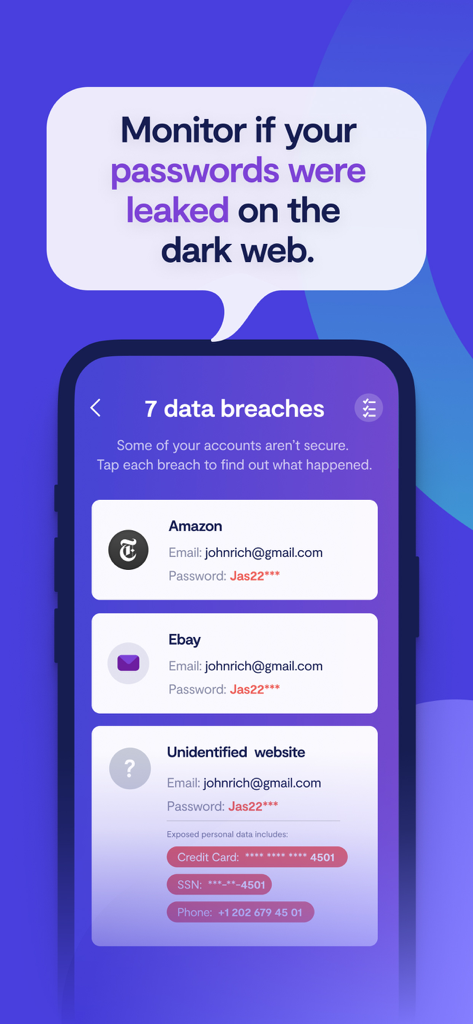 Clario AntiSpy app screen displaying dark web password leak alerts and personal data breach details