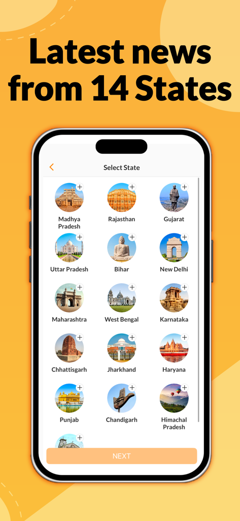 English News by Dainik Bhaskar - State selection screen in the Bhaskar English app for local news from 14 Indian states