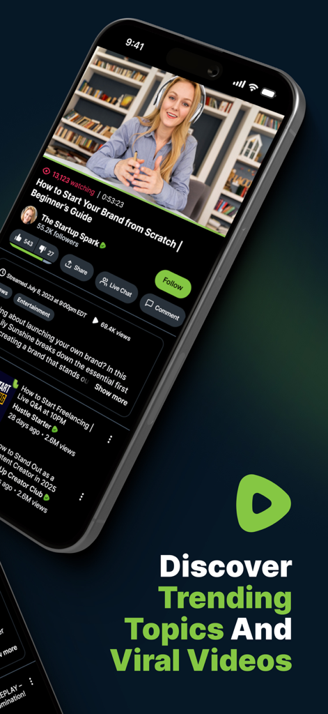 Tela do aplicativo Rumble exibindo vídeos em alta e transmissões ao vivo
