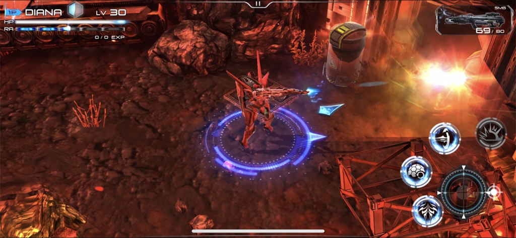 Implosion - Never Lose Hope - A red battle suit mecha fighting in a sci-fi environment in Implosion Never Lose Hope