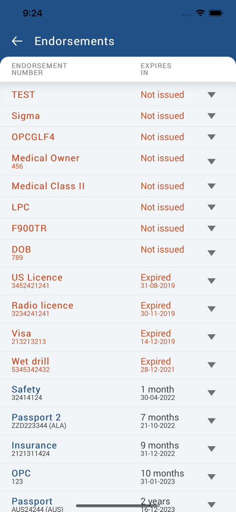 A list of crew endorsements and certifications with their respective expiration dates on the Leon mobile app.