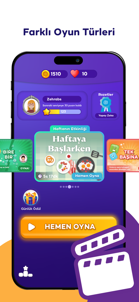 Interfaz de la aplicación TRT Bil Bakalim que muestra diferentes modos de juego de trivia y perfil de usuario