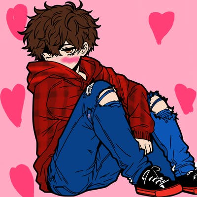 a male hoddie ripped jeans messy hair anime